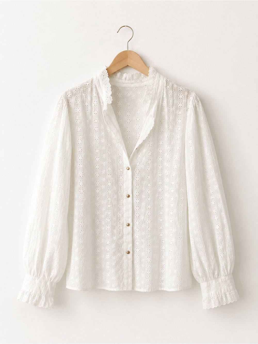 White Eyelet Lace-Trim Button Blouse - Picture 2 of 2